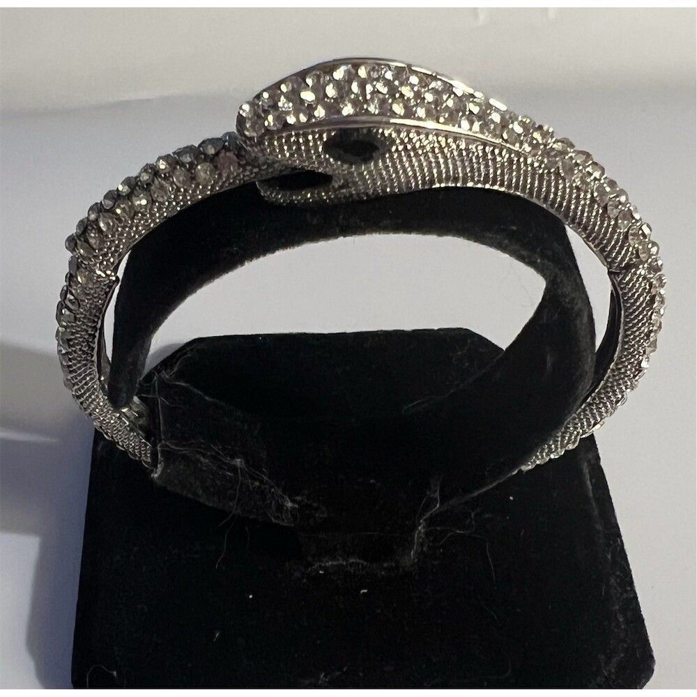 Silver Tone Snake Wrap Hinged Bangle Bracelet Clear Rhinestone Pavé
